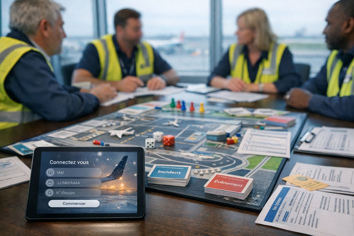 Équipe opérationnelle EuroAirport en session de décision collective autour du plateau de jeu Mission Plan Neige