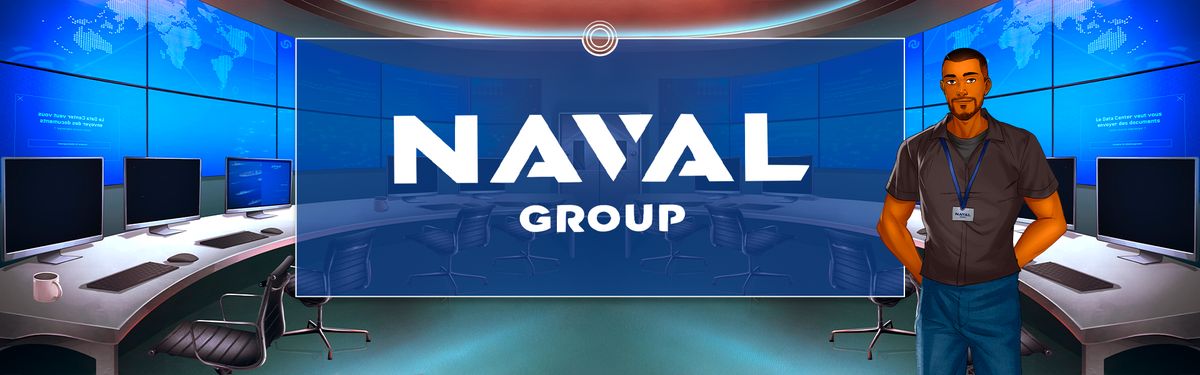 Interface digitale du serious game Naval Group, salle de contrôle immersive pour e-learning sur mesure