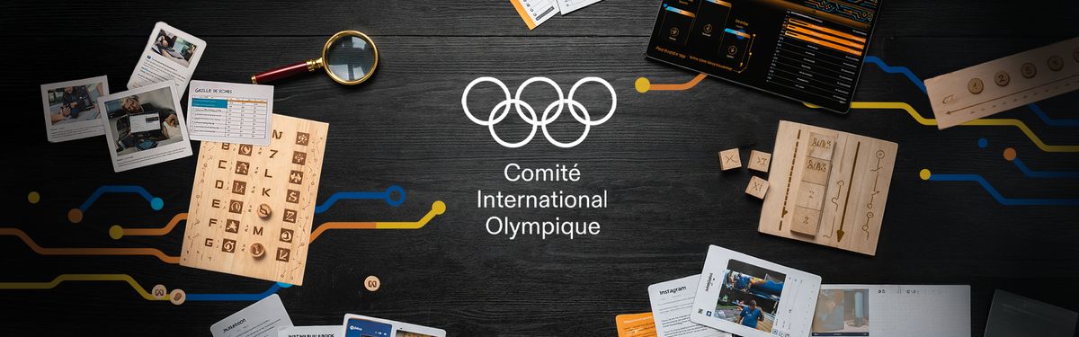 Bannière Comité International Olympique : escape game digital White Hat Agency, éléments de jeu physiques et digitaux